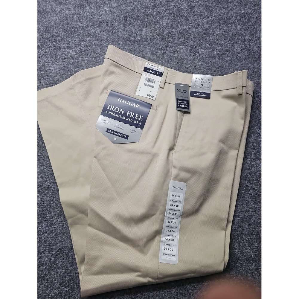 Haggar Iron Free Premium Khaki Mens 34x30 Straight Fit Beige